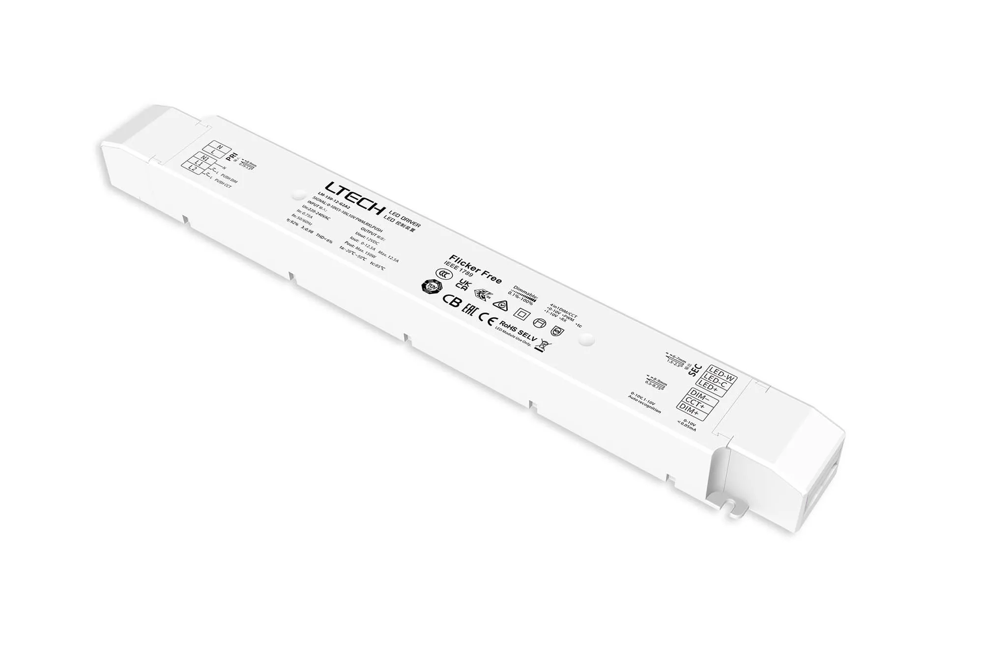 0-10V/1-10V/10V PWM/RX/Push DIM/CT, 0-100% Dim, CV 150W 12Vdc 12.5A, 200-240Vac,IP20, 5yrs Warranty.